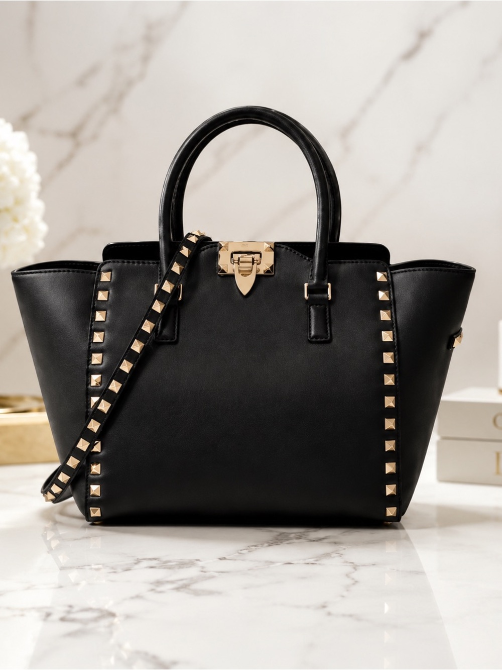 Valentino Garavani Large Black Leather Rockstud Tote Satchel Bag Strap COA